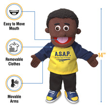 Load image into Gallery viewer, Christian Boy Puppet, ASAP Always Say A Prayer Shirt, Black (14")
